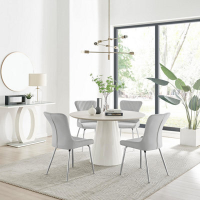 Furniturebox Uk Palma Beige Stone Effect Round Dining Table & 4 Light Grey Nora Silver Leg Chairs - image 1