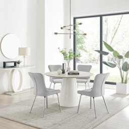 Furniturebox Uk Palma Beige Stone Effect Round Dining Table & 4 Light Grey Nora Silver Leg Chairs