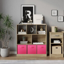 Urbn-Living Urbnliving Asymmetrical 8 Cube Oak Bookcase Storage Unit With 3 Fabric Drawer Inserts- Dark Pink - thumbnail 2