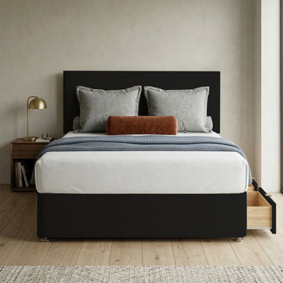 Adore Designs Victoria Plush Velvet Divan Bed, Headboard & Mattress - 3Ft Single - Black - 0 Drawers - image 1