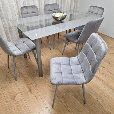 Kosy Koala Dining Table And 6 Chairs Modern Grey Glass Table With 6 Grey Velvet Chairs Dining Room Furniture - image 1