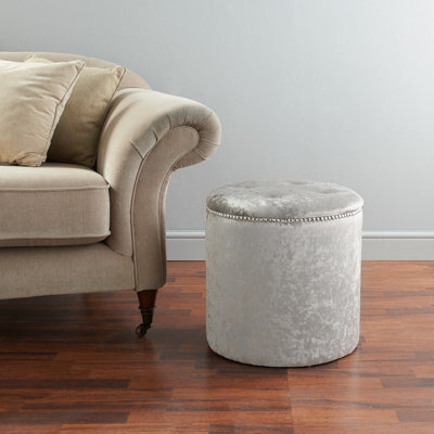 Slumbre Round Beading Crushed Velvet Foot Stool Pouffe -  Silver - image 1
