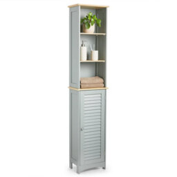 Vonhaus Tall Bathroom Cabinet - Grey Bathroom Tallboy With Shelves - Tall Bathroom Storage With Shutter Style Doors