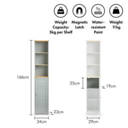 Vonhaus Tall Bathroom Cabinet - Grey Bathroom Tallboy With Shelves - Tall Bathroom Storage With Shutter Style Doors - thumbnail 3