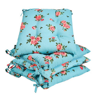 Dibor Set Of 4 Floral Blue Summer Outdoor Garden Chair Seat Pad Cushions - image 1