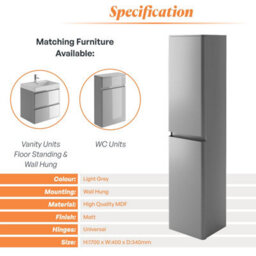 Plum&clay Marvel Gloss Light Grey Wall Hung Bathroom Tall Storage Unit - thumbnail 5