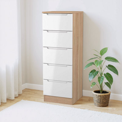 Messina Ready Assembled Gloss & Matt White & Oak 5 Drawer Bedside Chest (H)1067mm (W)370mm (D)390mm - image 1