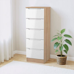 Messina Ready Assembled Gloss & Matt White & Oak 5 Drawer Bedside Chest (H)1067mm (W)370mm (D)390mm - thumbnail 1