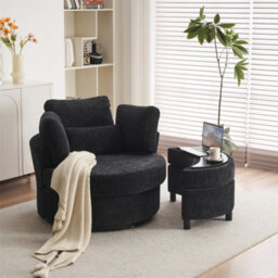 Abrihome Chenille Swivel Armchair With 3 Back Cushion Pillow Ottoman Crescent Stool, Black  - thumbnail 1
