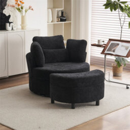 Abrihome Chenille Swivel Armchair With 3 Back Cushion Pillow Ottoman Crescent Stool, Black  - thumbnail 4