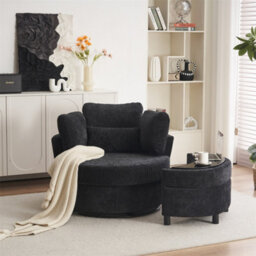 Abrihome Chenille Swivel Armchair With 3 Back Cushion Pillow Ottoman Crescent Stool, Black  - thumbnail 5