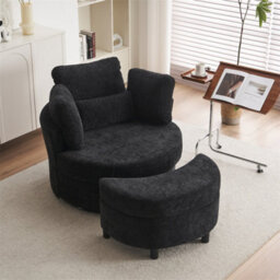 Abrihome Chenille Swivel Armchair With 3 Back Cushion Pillow Ottoman Crescent Stool, Black  - thumbnail 3