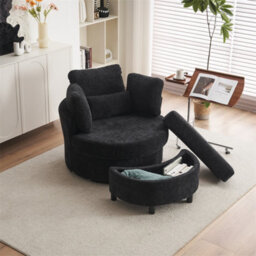 Abrihome Chenille Swivel Armchair With 3 Back Cushion Pillow Ottoman Crescent Stool, Black  - thumbnail 8