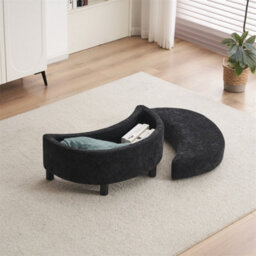 Abrihome Chenille Swivel Armchair With 3 Back Cushion Pillow Ottoman Crescent Stool, Black  - thumbnail 9