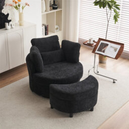 Abrihome Chenille Swivel Armchair With 3 Back Cushion Pillow Ottoman Crescent Stool, Black  - thumbnail 6