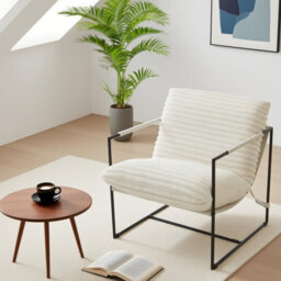 Modern Minimalist Accent Armchair, Oversized Linen & Corduroy Lounge Chair With Metal Frame, Corduroy, Beige - thumbnail 2