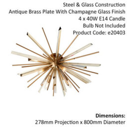 Glass Shard Prism Flush Ceiling Light - Decorative Antique Brass Metalwork - thumbnail 2