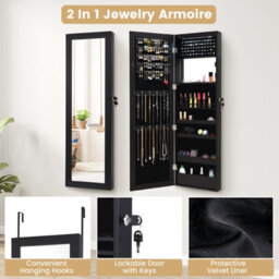 Costway Wall-Mounted Jewelry Storage Cabinet Door Hanging Jewelry Armoire W/ Full Mirror - thumbnail 3