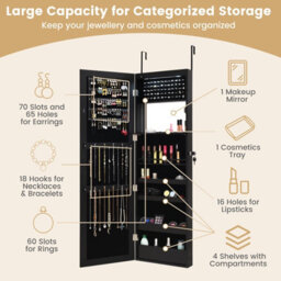 Costway Wall-Mounted Jewelry Storage Cabinet Door Hanging Jewelry Armoire W/ Full Mirror - thumbnail 4