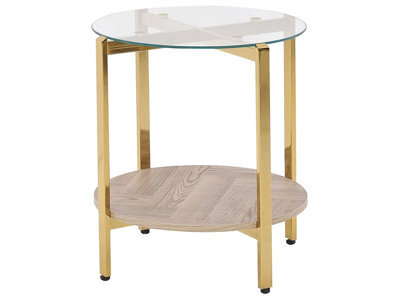 Wyld And Coco Round Gold Side Table With Tempered Glass Top And Wood-Knot Shelf, 50 Cm Diameter - image 1
