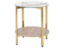 Wyld And Coco Round Gold Side Table With Tempered Glass Top And Wood-Knot Shelf, 50 Cm Diameter - thumbnail 1