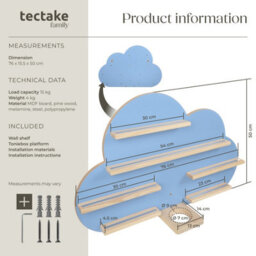 Tectake Wall Shelf 'cloud' - Child-Friendly Cloud Design, Fits 28 Figurines, Magnetic Strips, With Integrated Cable Management  - Blue - thumbnail 6