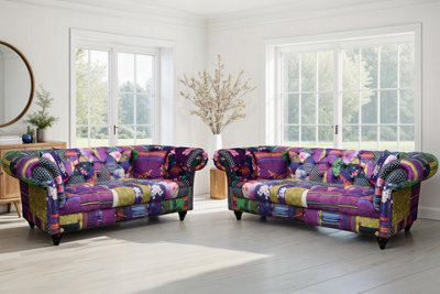 Multicoloured Patchwork Fabric 3 + 2 Seater Chesterfield Sofa Set For Living Room Portofino - image 1