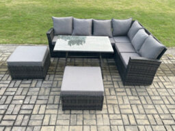Fimous Outdoor Furniture Garden Dining Set Rattan Corner Sofa Set Rectangular Dining Table With Temper Glass 2 Big Footstool - thumbnail 2