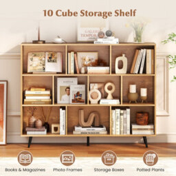 Gainoom 10-Cube Natural Bookcase 140 Cm Mid Century Modern Storage Organizer - thumbnail 4