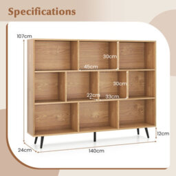 Gainoom 10-Cube Natural Bookcase 140 Cm Mid Century Modern Storage Organizer - thumbnail 2
