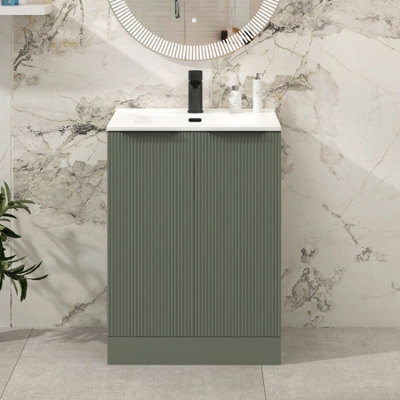 Royal Bathrooms Evora 600mm Sage Green Fluted Floor Standing Bathroom Vanity Unit 2 Door Cabinet Storage With Ceramic Basin & Matt Black Handles - image 1