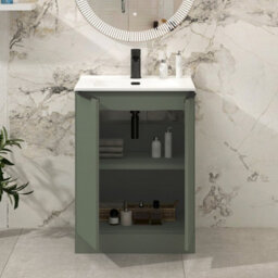 Royal Bathrooms Evora 600mm Sage Green Fluted Floor Standing Bathroom Vanity Unit 2 Door Cabinet Storage With Ceramic Basin & Matt Black Handles - thumbnail 3