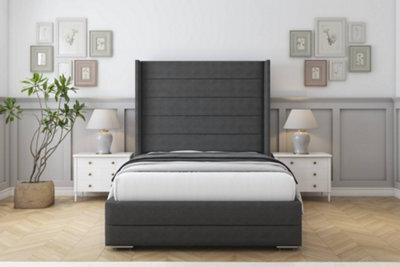 "Sloomy Sterling Graphite Dumfries Bed Frame With Mattress With 50""  Upholstered Wingback Headboard 6' Super King" - image 1