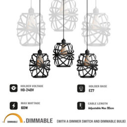 Vintage Metal Wire Rectangle 3 Way Ceiling Pendant Light Fitting For Bedroom Kitchen And Living Room With Bulb - thumbnail 8