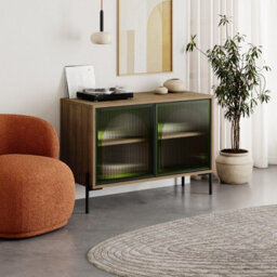 Decortie Modern Buffet Cabinet 2 Ribbed Green Glass Push-To-Open Doors Sideboard Storage Unit W/metal Leg, Office, Dark Oak Effect
