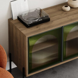 Decortie Modern Buffet Cabinet 2 Ribbed Green Glass Push-To-Open Doors Sideboard Storage Unit W/metal Leg, Office, Dark Oak Effect - thumbnail 3