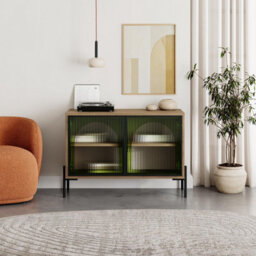 Decortie Modern Buffet Cabinet 2 Ribbed Green Glass Push-To-Open Doors Sideboard Storage Unit W/metal Leg, Office, Dark Oak Effect - thumbnail 5