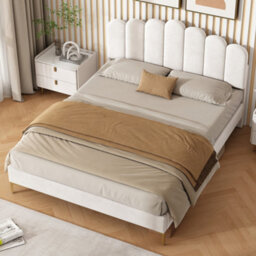 Modernluxe 4Ft6 Velvet Upholstered Bed Frame, Height Adjustable Headboard & Gold Metal Feet, Beige - thumbnail 2