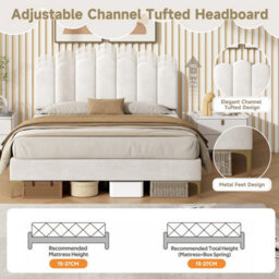 Modernluxe 4Ft6 Velvet Upholstered Bed Frame, Height Adjustable Headboard & Gold Metal Feet, Beige - thumbnail 5