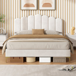 Modernluxe 4Ft6 Velvet Upholstered Bed Frame, Height Adjustable Headboard & Gold Metal Feet, Beige - thumbnail 3