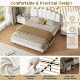 Modernluxe 4Ft6 Velvet Upholstered Bed Frame, Height Adjustable Headboard & Gold Metal Feet, Beige - thumbnail 6