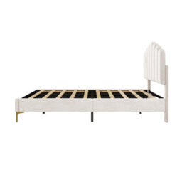 Modernluxe 4Ft6 Velvet Upholstered Bed Frame, Height Adjustable Headboard & Gold Metal Feet, Beige - thumbnail 9