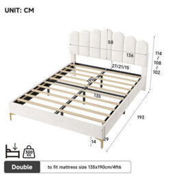 Modernluxe 4Ft6 Velvet Upholstered Bed Frame, Height Adjustable Headboard & Gold Metal Feet, Beige - thumbnail 4