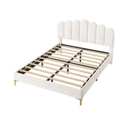 Modernluxe 4Ft6 Velvet Upholstered Bed Frame, Height Adjustable Headboard & Gold Metal Feet, Beige - thumbnail 7