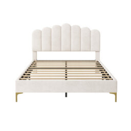 Modernluxe 4Ft6 Velvet Upholstered Bed Frame, Height Adjustable Headboard & Gold Metal Feet, Beige - thumbnail 8
