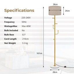 Costway Modern Floor Lamp With Coat Rack Freestanding Lamp W/ 5 Hooks & Foot Switch E27 - thumbnail 3