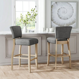 Darphe Set Of 2 Upholstered Bar Stools, Linen Kitchen Counter Chairs With Backrest And Footrest, Light Grey