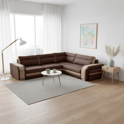 Assan Sectional Sofa With Ottoman Sleeping Function Dl Mechanism 2 Storage Bar Loose Cushions Brown And Beige Right Side - image 1
