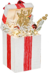 Light-Up White Wooden Christmas Gift Box With 20 Warm White Led Lights Battery-Powered White With Gold Ribbon