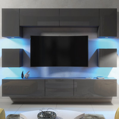 Creative Furniture Panorama Wall Tv Unit - Dark Grey With Gloss Doors And Led Lights - image 1